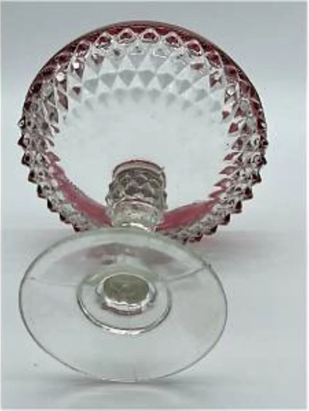 VTG Indiana Glass Clear & Cranberry Diamond Point Pedestal Lidded Candy Dish